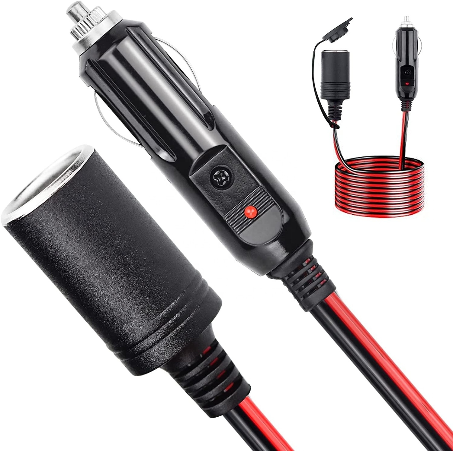 12FT Car Cigarette Lighter Socket Extension Cable 16AWG Male Plug Heavy Duty DC Power Charger Cord with LED Lights w/15A Fuse