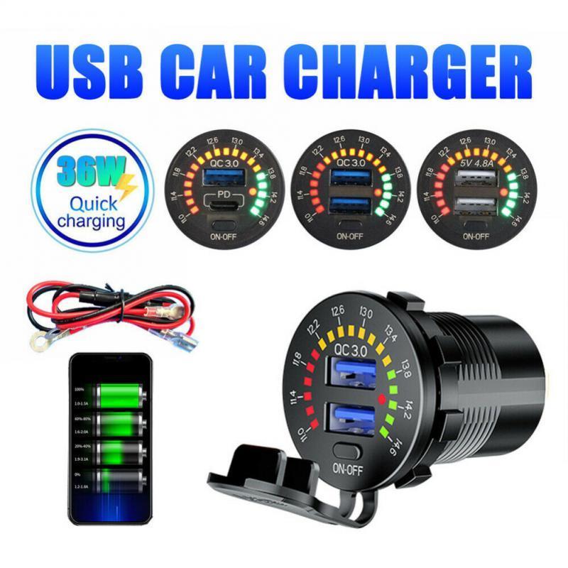 PD & QC3.0 Dual USB Charger Socket Voltmeter Switch 36W 6A USB Outlet Fast Charger for 12V Car Boat Motorcycle Truck Golf