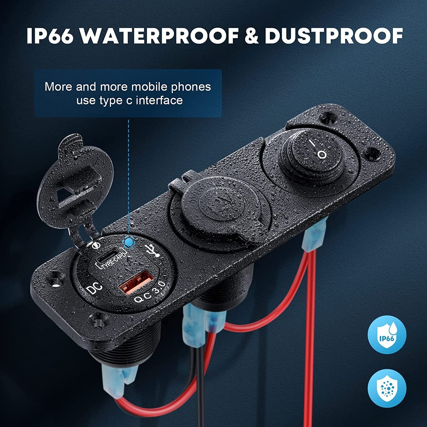 12V Power Outlet Socket, 3 In 1 200W Cigarette Lighter Socket with PD Type C 3.0 & QC 3.0 USB Charger Waterproof for Marine, Car