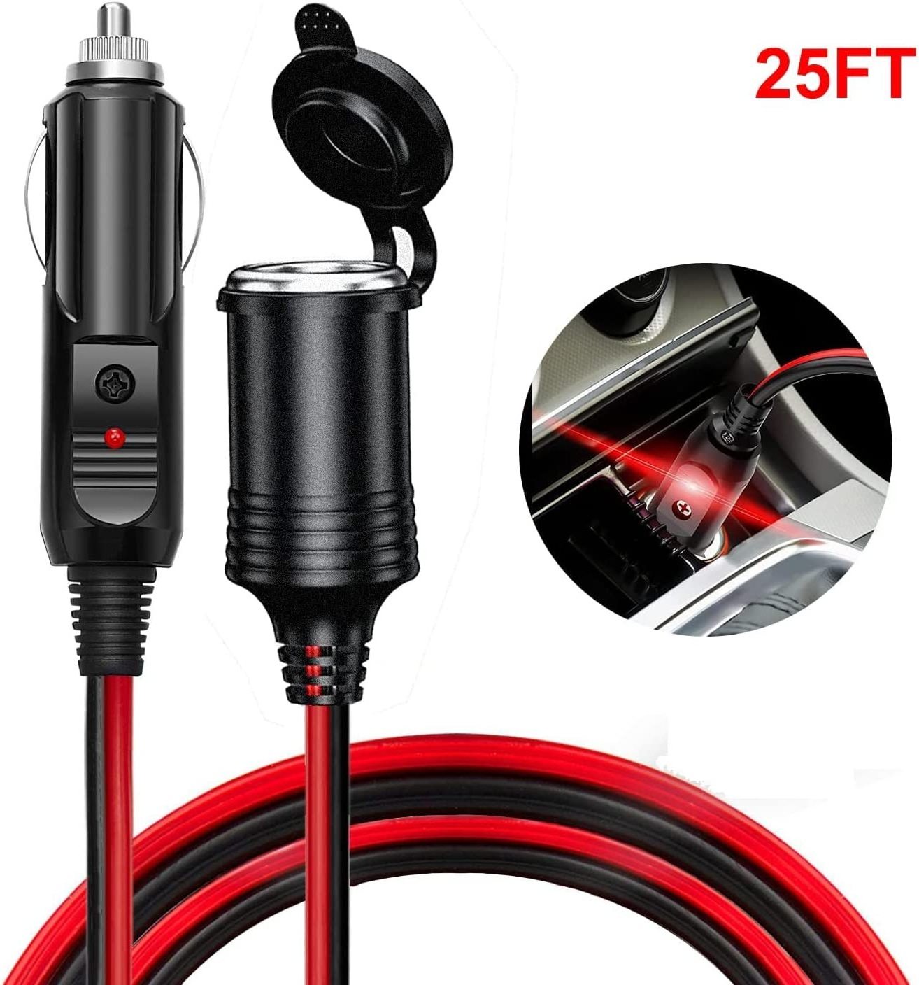 12FT Car Cigarette Lighter Socket Extension Cable 16AWG Male Plug Heavy Duty DC Power Charger Cord with LED Lights w/15A Fuse