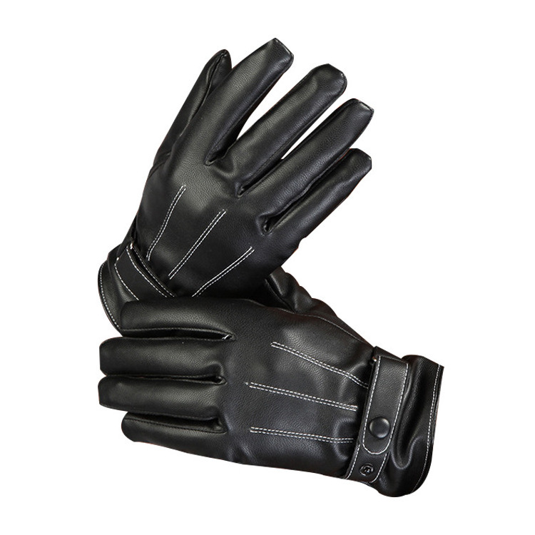 Winter cashmere warm three lines plus outdoor sports cycling touch screen full finger leather gloves for men