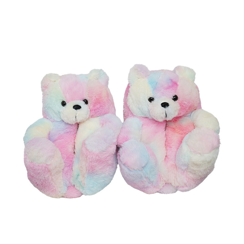 Winter warm cute home fuzzy fluffy plush rainbow valentine teddy bear slippers for women girls