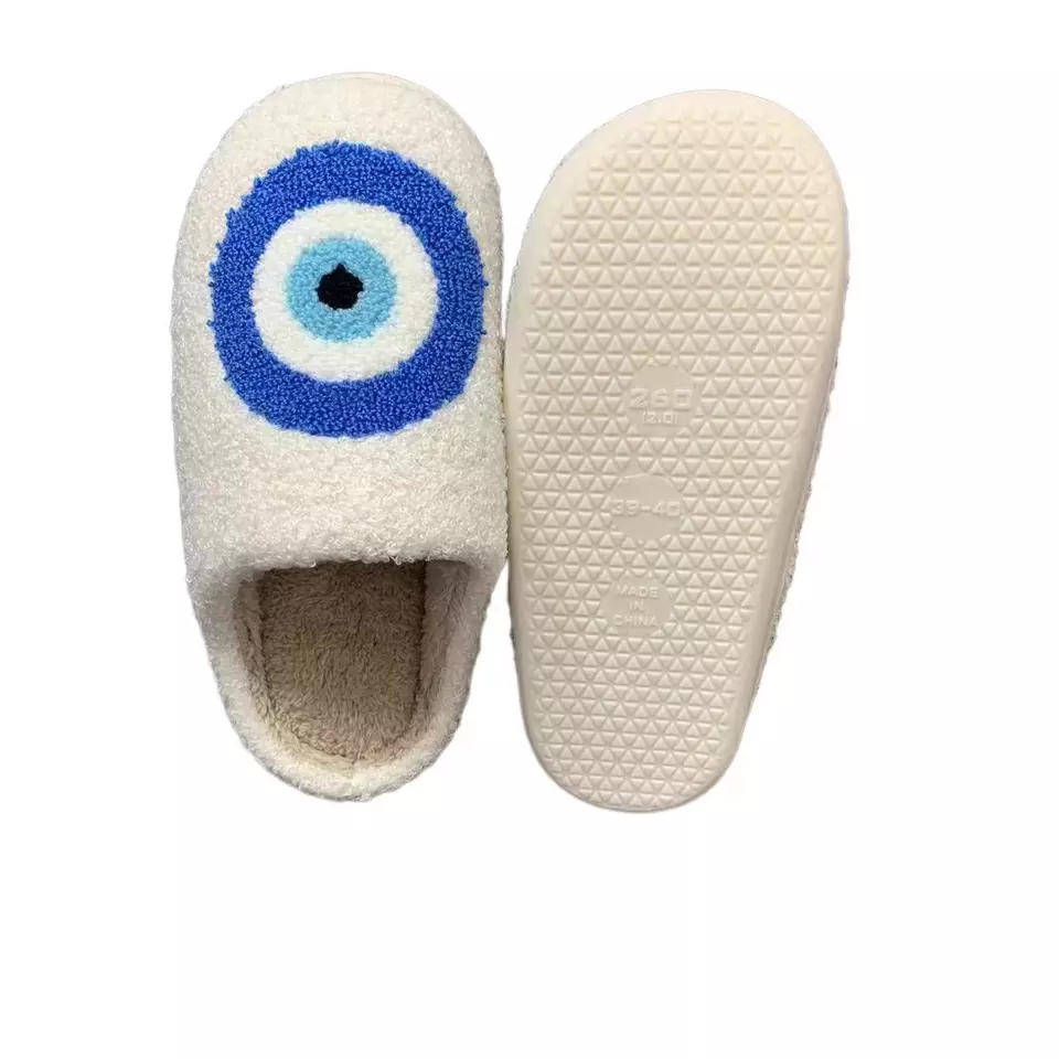 HF cute winter warm indoor home house bedroom cotton flat evil eyes slides slippers for women men