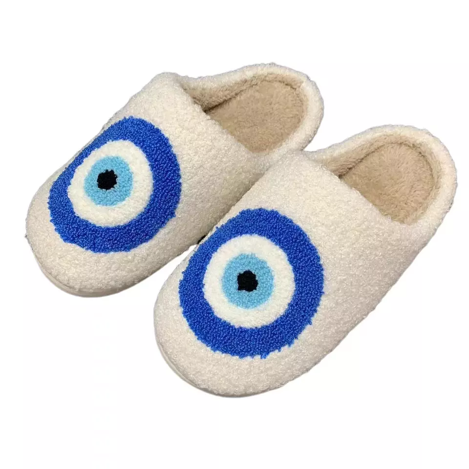 HF cute winter warm indoor home house bedroom cotton flat evil eyes slides slippers for women men