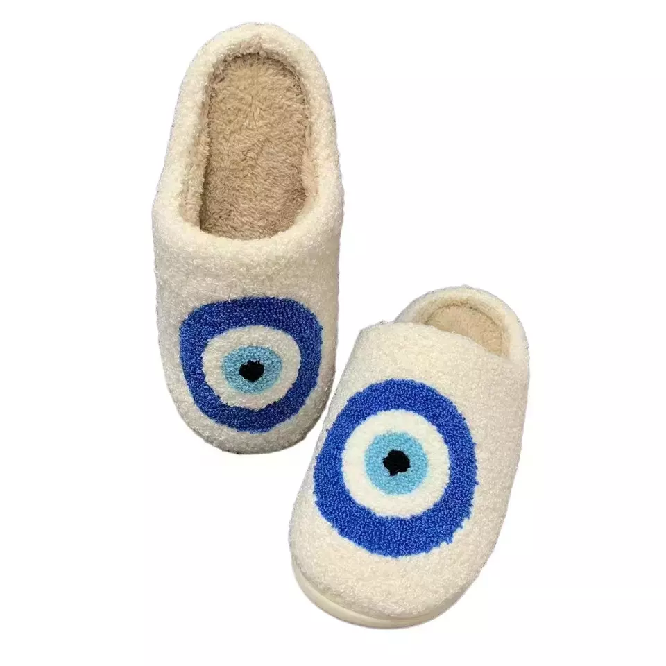 HF cute winter warm indoor home house bedroom cotton flat evil eyes slides slippers for women men