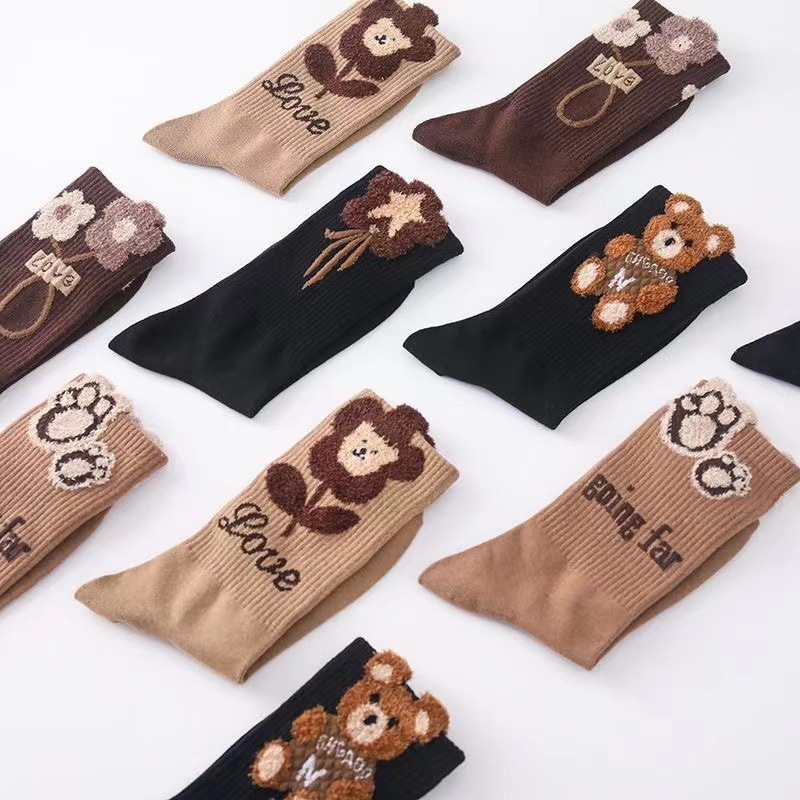 Fall and winter feather yarn stockings cartoon three-dimensional cotton mid-tube women's socks