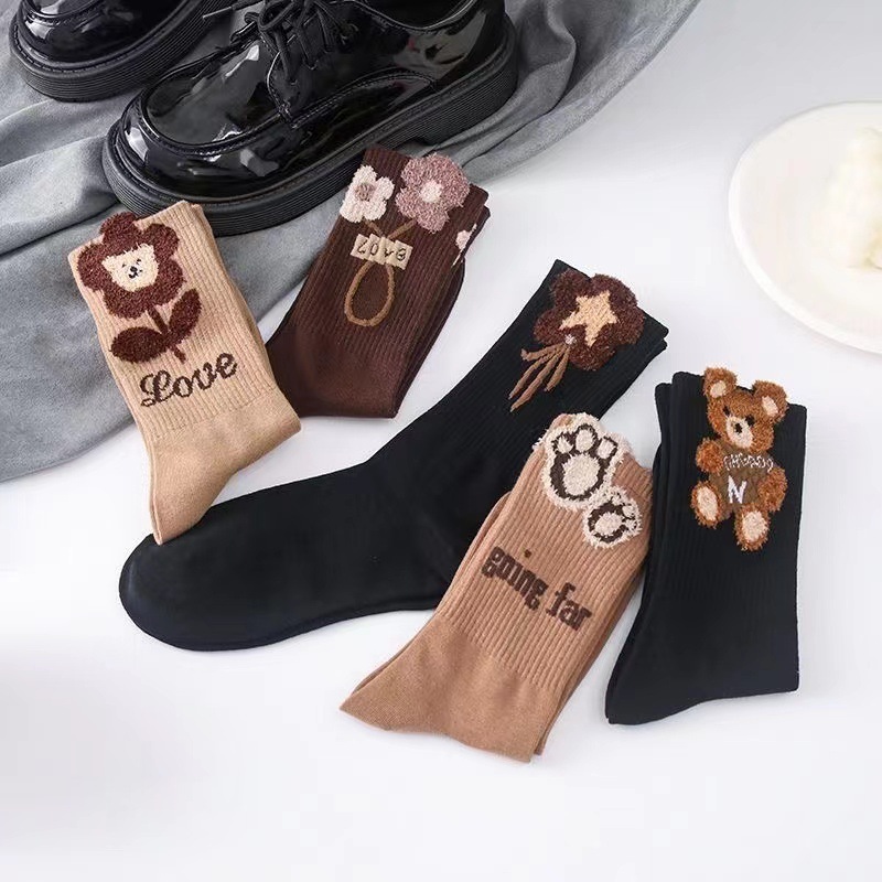 Fall and winter feather yarn stockings cartoon three-dimensional cotton mid-tube women's socks