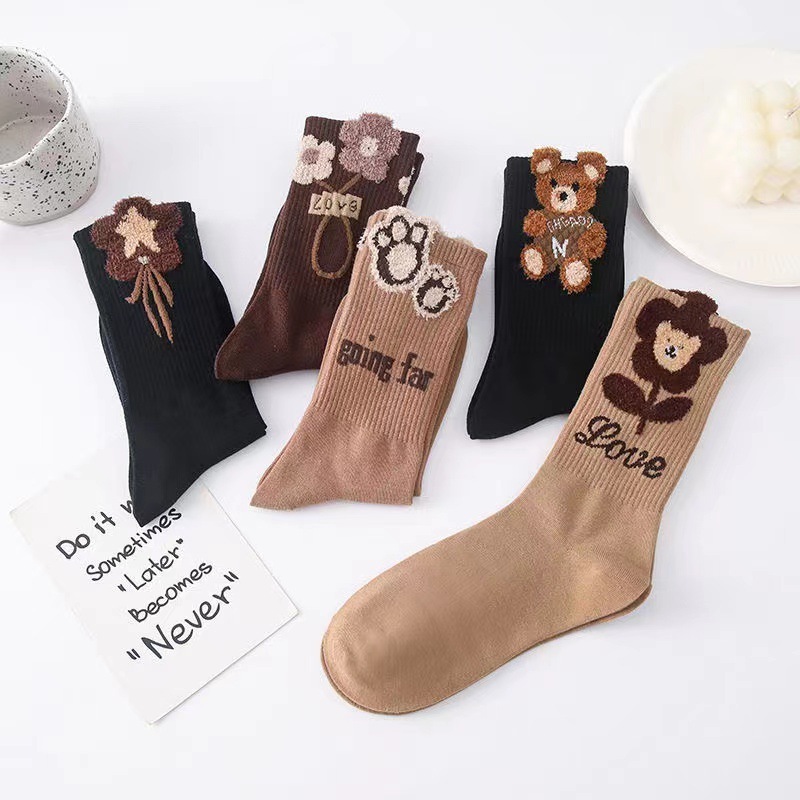 Fall and winter feather yarn stockings cartoon three-dimensional cotton mid-tube women's socks