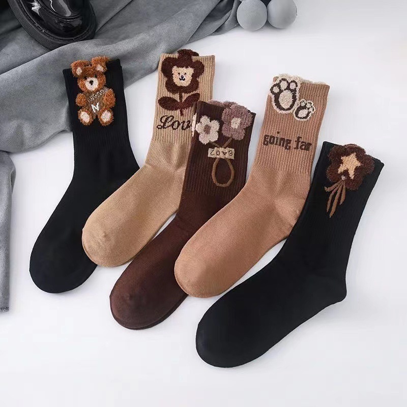 Fall and winter feather yarn stockings cartoon three-dimensional cotton mid-tube women's socks