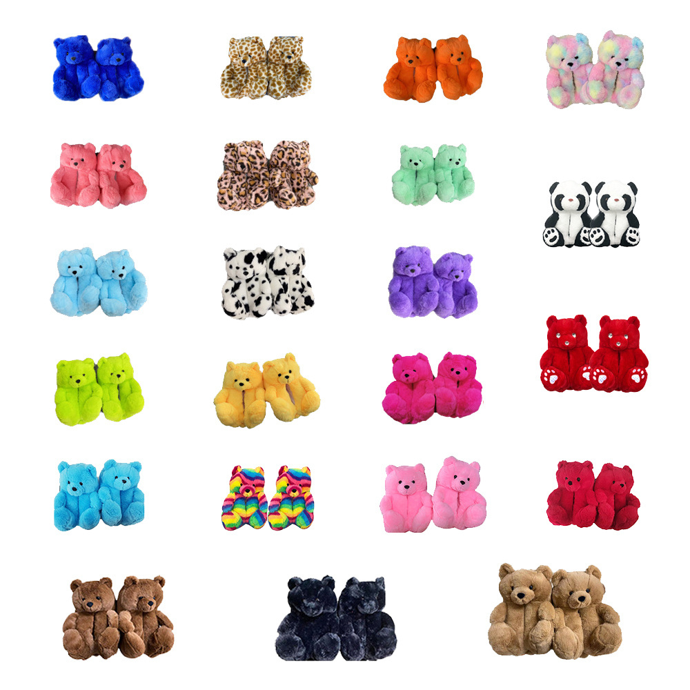 Winter warm cute home fuzzy fluffy plush rainbow valentine teddy bear slippers for women girls