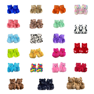 Winter warm cute home fuzzy fluffy plush rainbow valentine teddy bear slippers for women girls