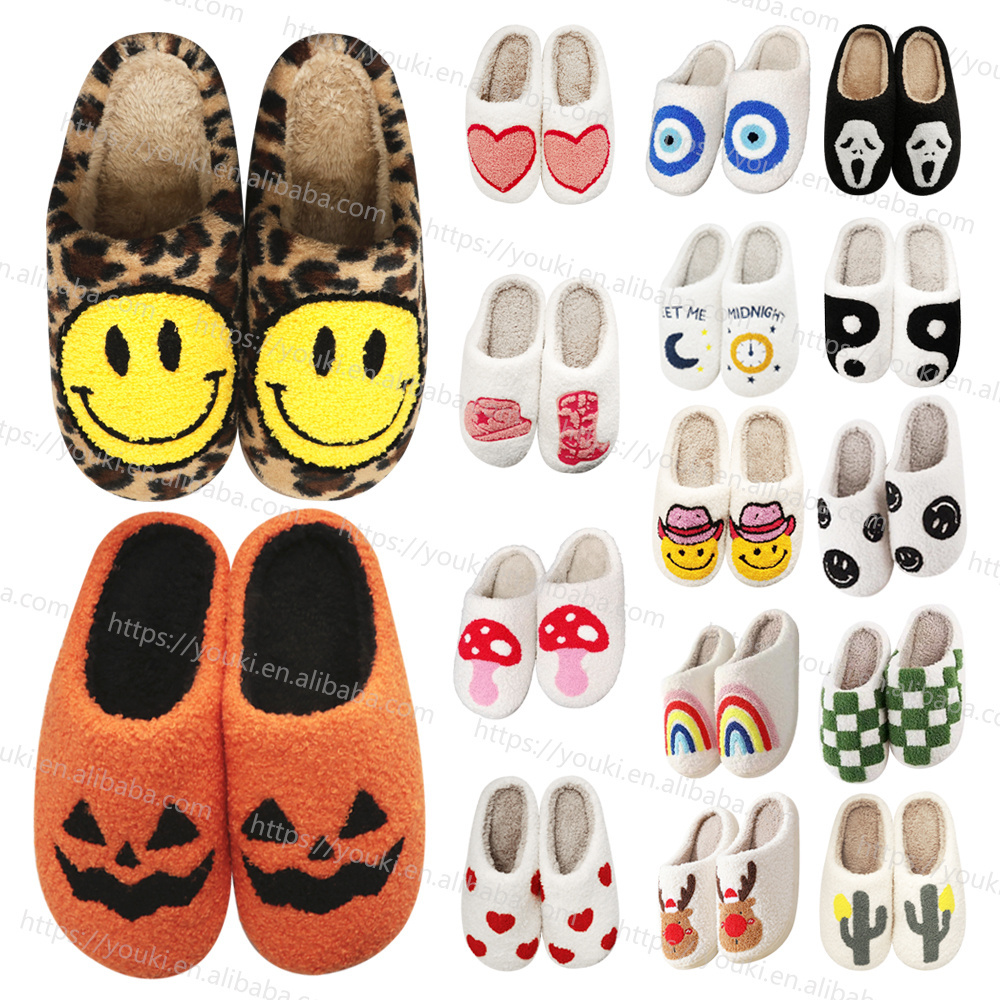 Hf adult scary flat cotton bedroom home smile scream face ghost pumpkin lantern halloween slippers for man woman