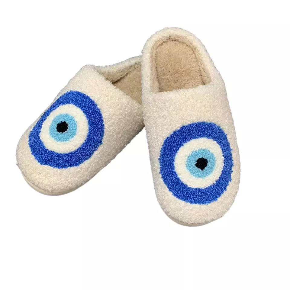 HF cute winter warm indoor home house bedroom cotton flat evil eyes slides slippers for women men