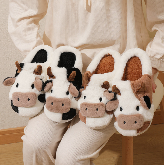 Autumn winter warm home indoor anti slip cartoon animal cow plush slippers for woman men