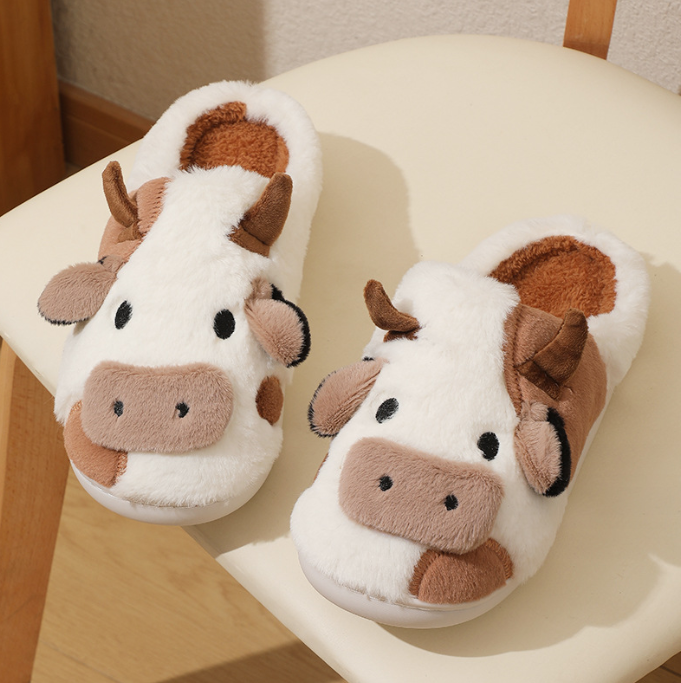 Autumn winter warm home indoor anti slip cartoon animal cow plush slippers for woman men