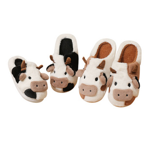 Autumn winter warm home indoor anti slip cartoon animal cow plush slippers for woman men