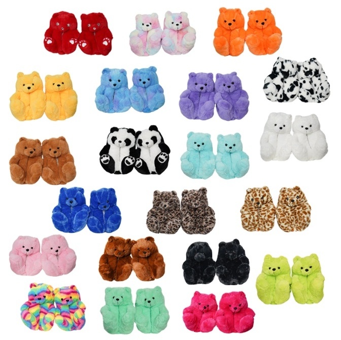 Winter adult kids cute fuzzy plush white black red pink teddy bear slippers for women girls