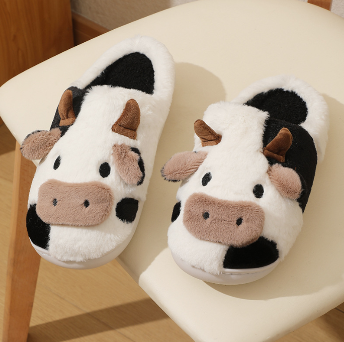 Autumn winter warm home indoor anti slip cartoon animal cow plush slippers for woman men