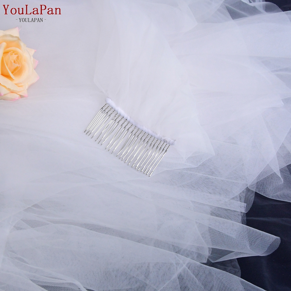 YouLaPan V117 Popular Pleated Yarn Ruffle Veil Ivory Double Layer Blusher Veil with Cover Up Wedding Bridal Long Cathedral Veil