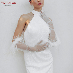 YouLaPan VM23 Vintage Ostrich Feathers Lace Banquet Long Gloves Bridal Accessories Wedding Dress Stretch Spandex Satin Gloves