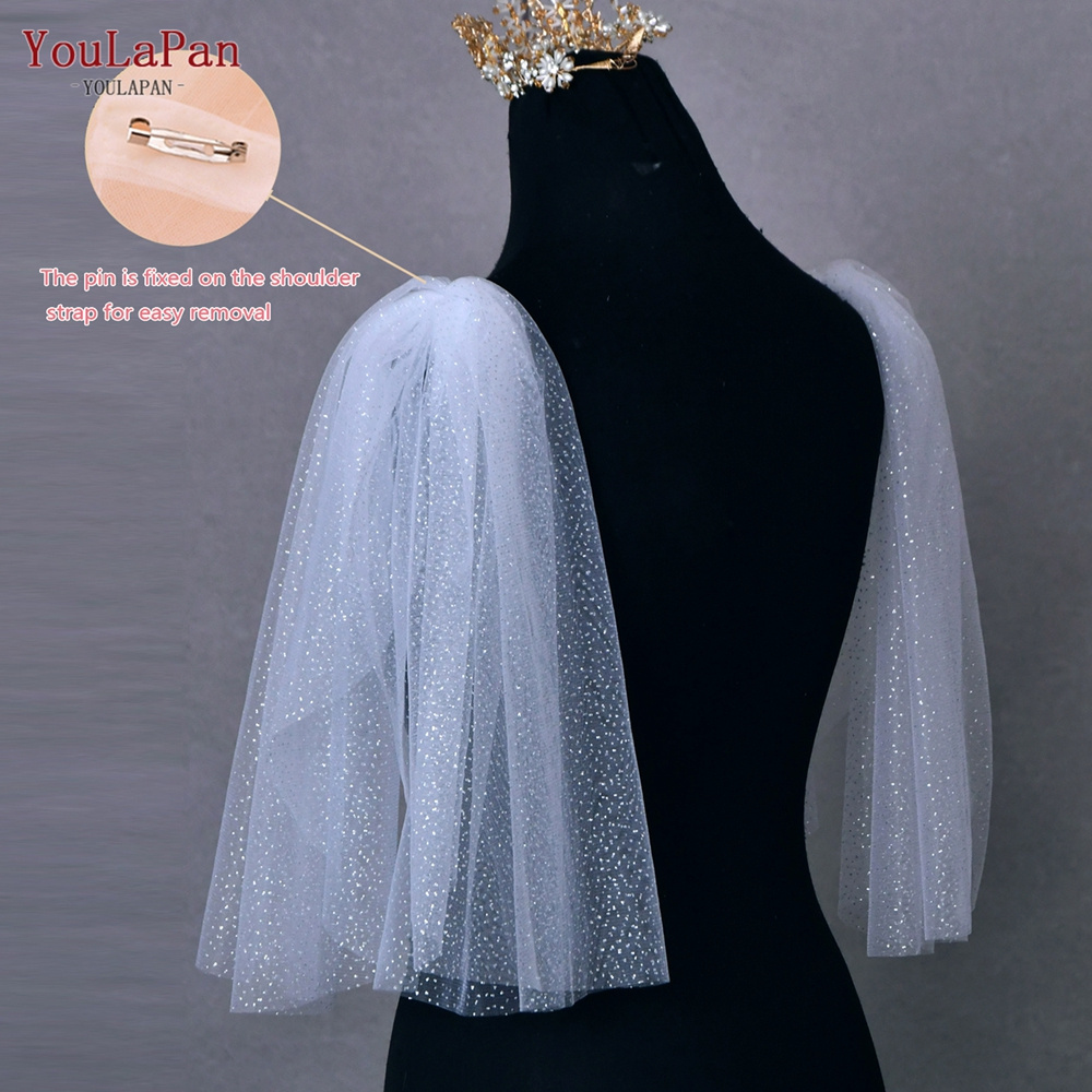 YouLaPan VG40-X White Champagne Glitter Shawl Pair Bridal Wedding Dress with Detachable Sleeves