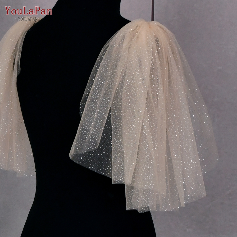 YouLaPan VG40-X White Champagne Glitter Shawl Pair Bridal Wedding Dress with Detachable Sleeves