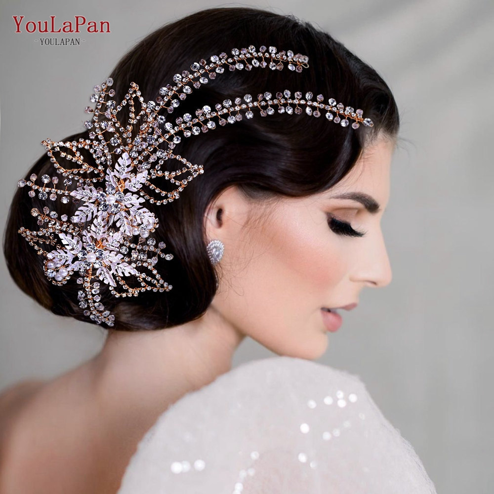 YouLaPan HP254 Shining Rhinestone Alloy Flower Long Tail Hair Clips Women Bridal Hair Accessories Wedding Headpiece