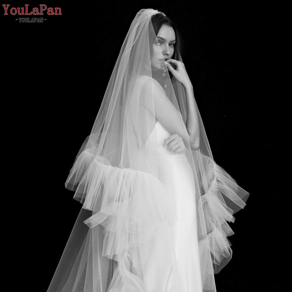 YouLaPan V117 Popular Pleated Yarn Ruffle Veil Ivory Double Layer Blusher Veil with Cover Up Wedding Bridal Long Cathedral Veil