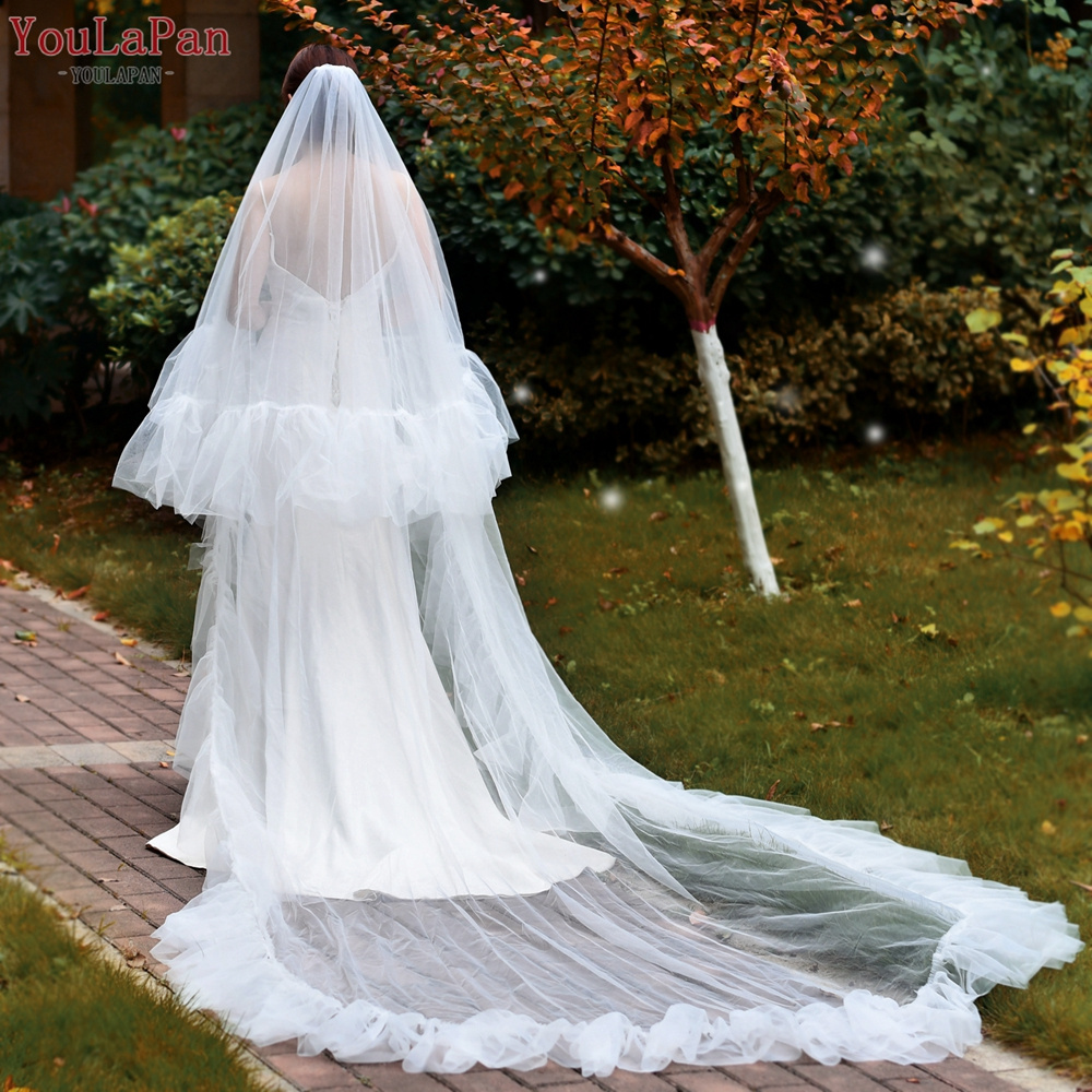 YouLaPan V117 Popular Pleated Yarn Ruffle Veil Ivory Double Layer Blusher Veil with Cover Up Wedding Bridal Long Cathedral Veil