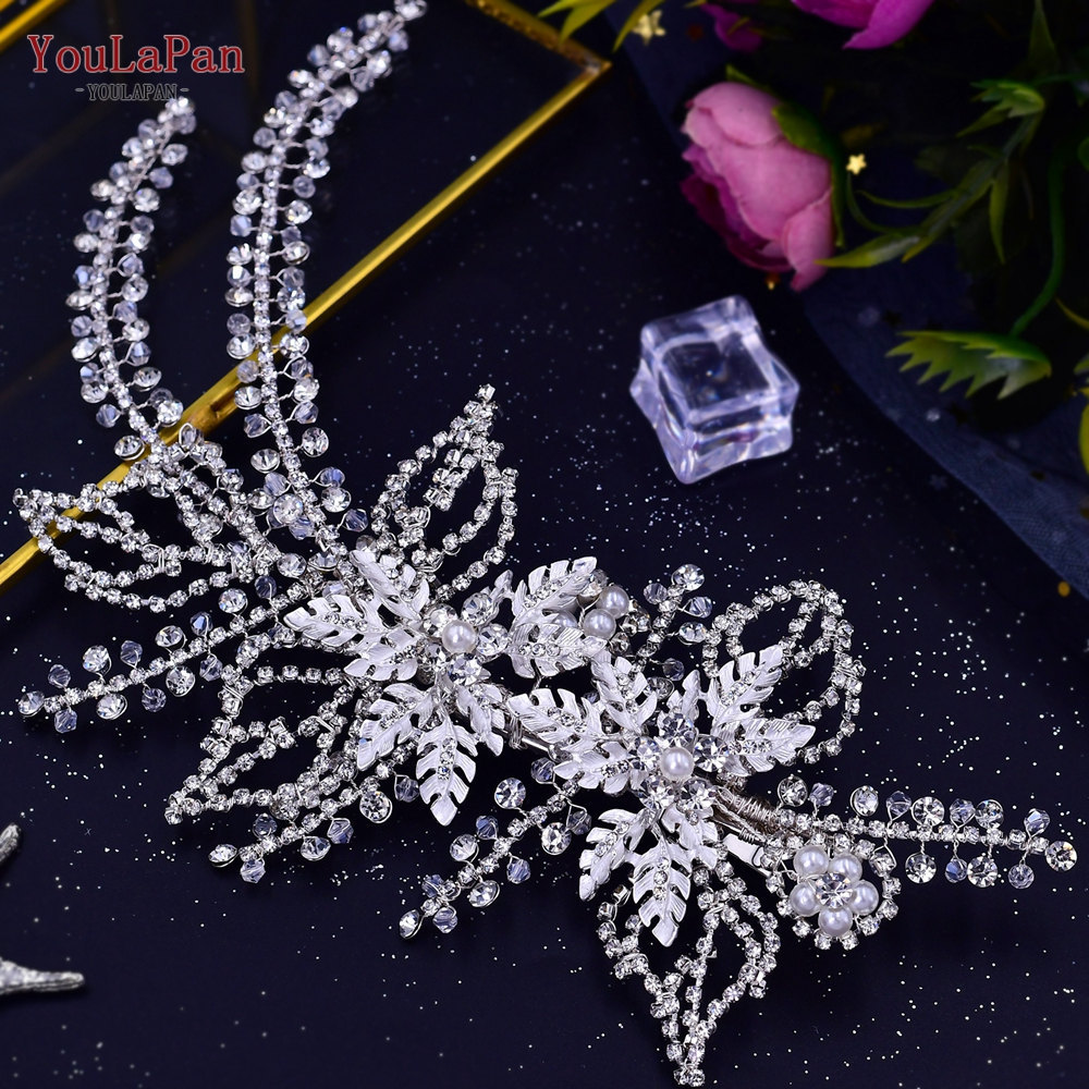 YouLaPan HP254 Shining Rhinestone Alloy Flower Long Tail Hair Clips Women Bridal Hair Accessories Wedding Headpiece