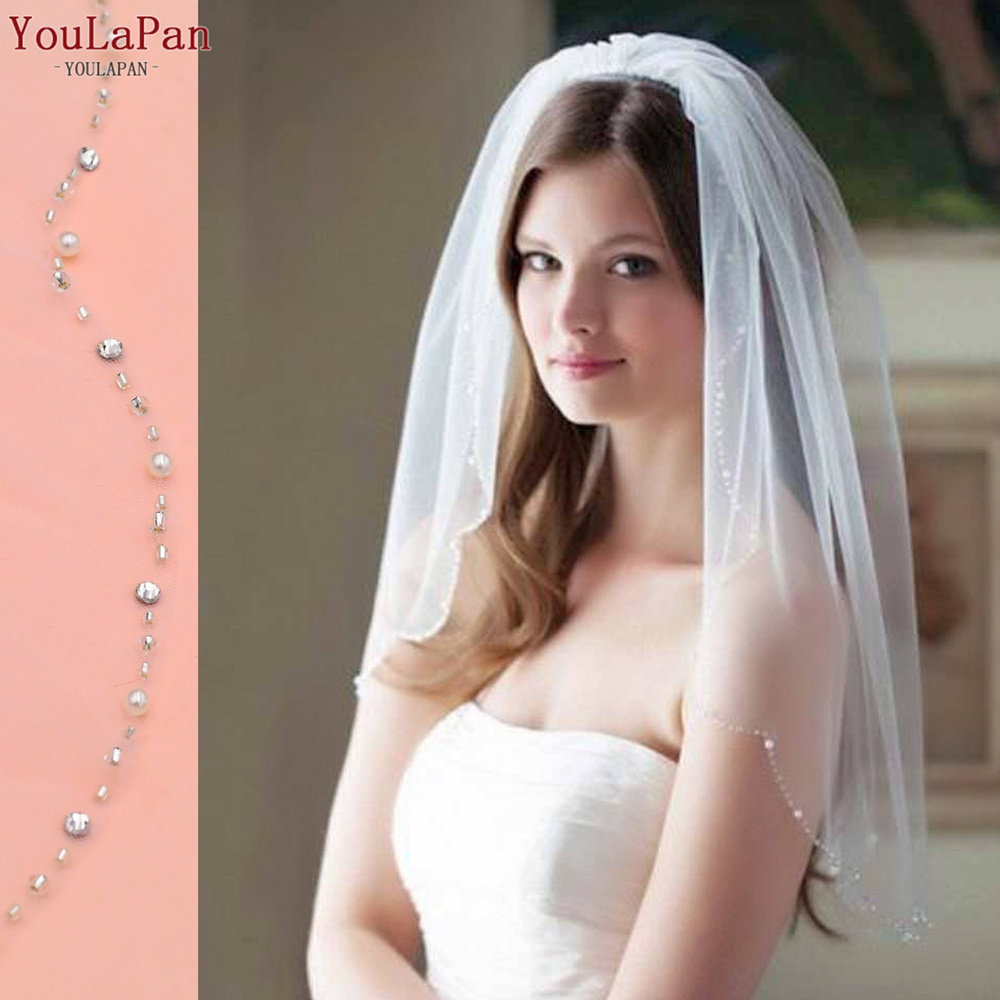 YouLaPan V33 Fashion Ruffles Crystal Beads Border Veil White Ivory Single Layer Customizable Wedding Bridal Veil