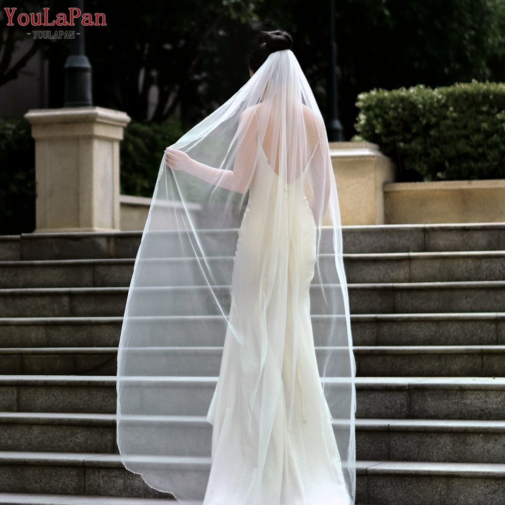 YouLaPan V33 Fashion Ruffles Crystal Beads Border Veil White Ivory Single Layer Customizable Wedding Bridal Veil