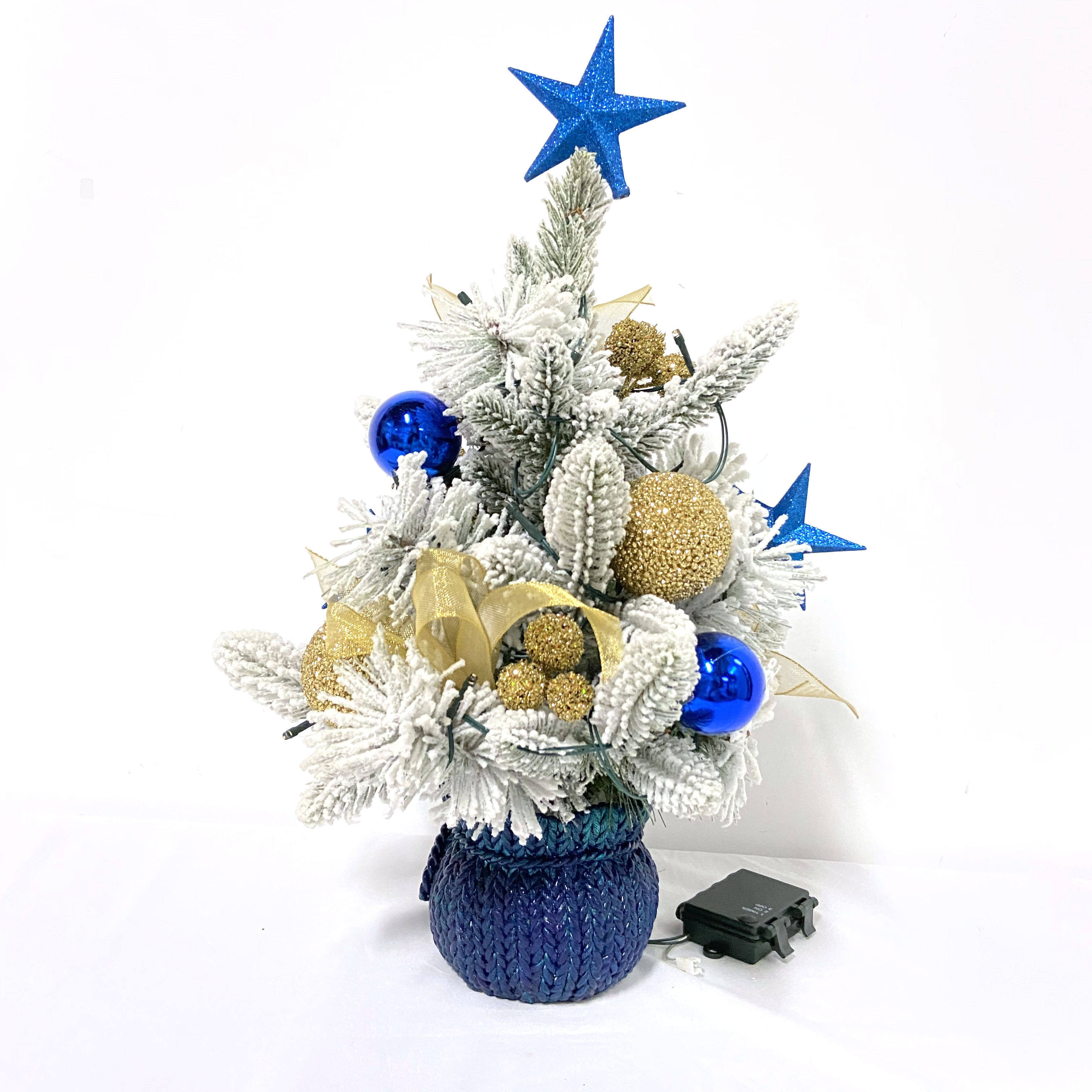 Gold Shiny Ball Hangings Christmas Tree Flock with Ribbon Mini Xmas Tree with Top Star Dreaming Blue Colorful Christmas Tree