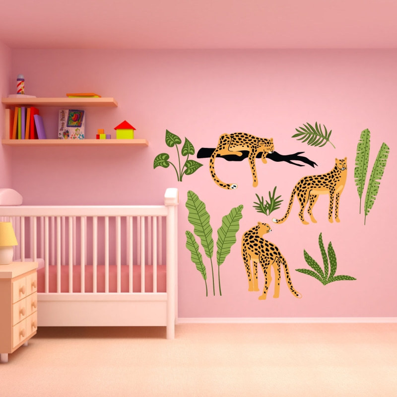 3D Children wall sticker Wild tropical leaf Leopard wallpaper Removable boby room wall decals Custom self adhesive wall sticker