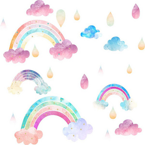 Decor Smiley Rainbow Sun Clouds Printable Watercolor Raindrop Peel and Stick Wall Sticker for Kids Decals