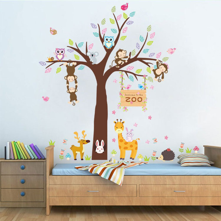 Kids DIY Cartoon Animals Wall Decals Removable Tree Wall Stickers for Boys Bedroom Nursery Rooms Decoration