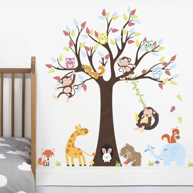 Kids DIY Cartoon Animals Wall Decals Removable Tree Wall Stickers for Boys Bedroom Nursery Rooms Decoration