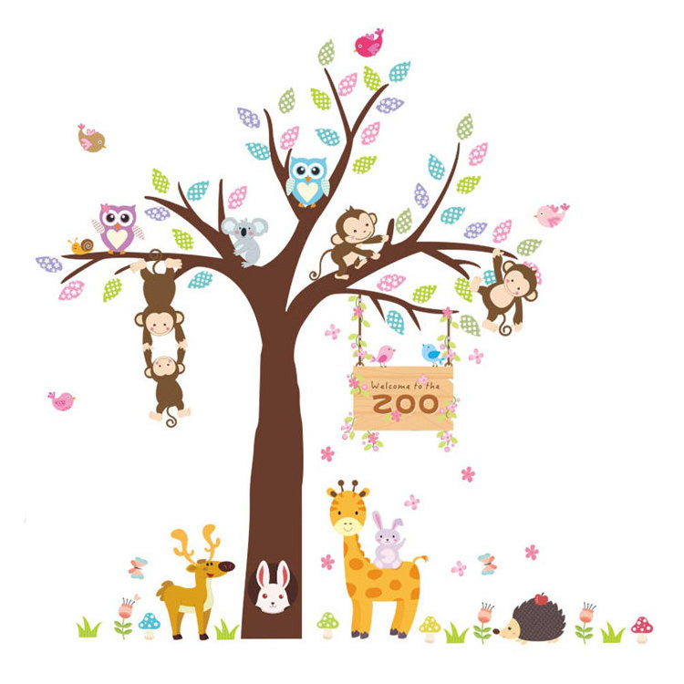 Kids DIY Cartoon Animals Wall Decals Removable Tree Wall Stickers for Boys Bedroom Nursery Rooms Decoration