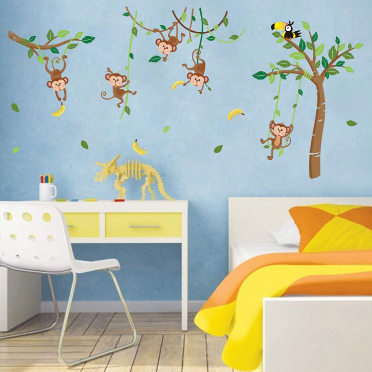 New Design Monkey and Tree Wall Decals Removable Animals Jungle Wall Stickers for Kids bedroom