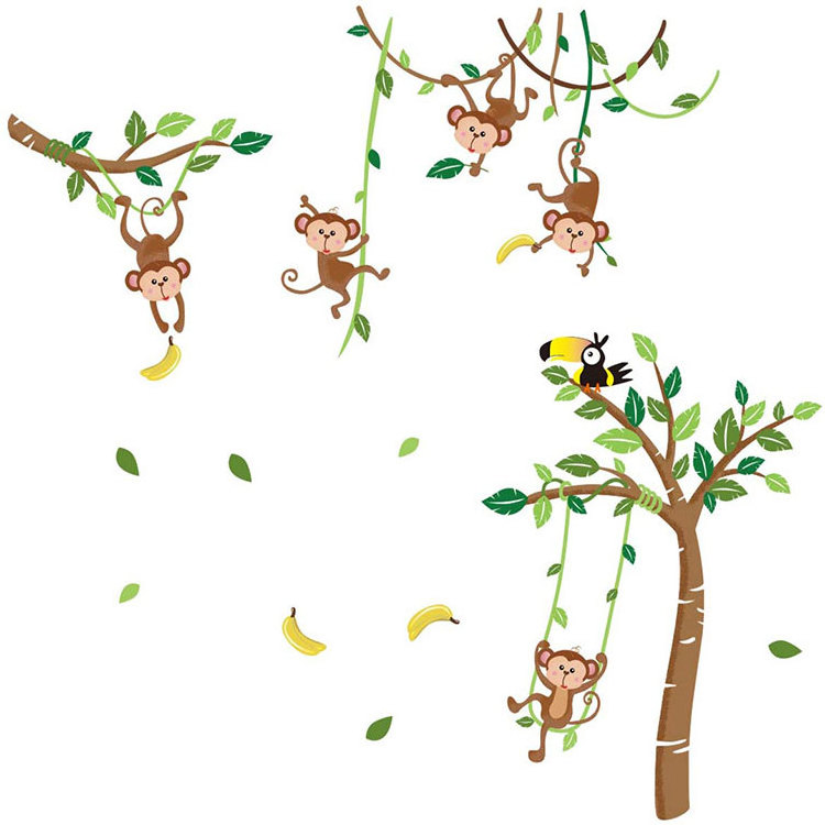 New Design Monkey and Tree Wall Decals Removable Animals Jungle Wall Stickers for Kids bedroom