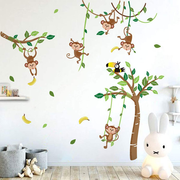 New Design Monkey and Tree Wall Decals Removable Animals Jungle Wall Stickers for Kids bedroom