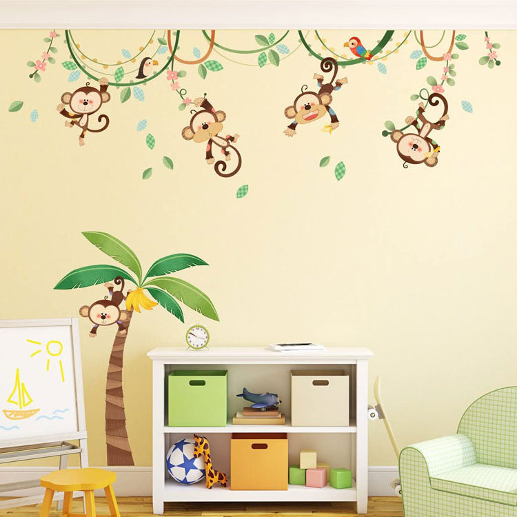 New Design Monkey and Tree Wall Decals Removable Animals Jungle Wall Stickers for Kids bedroom