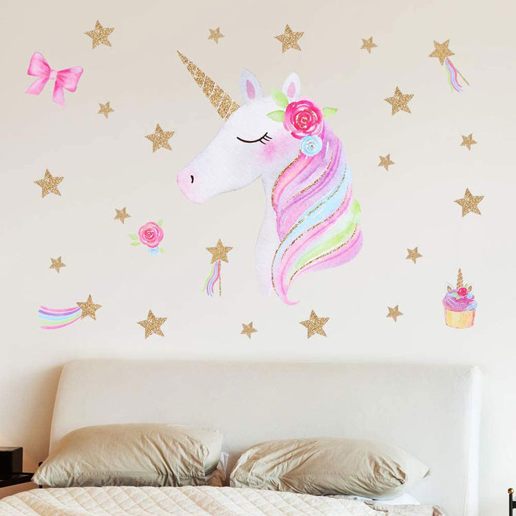 Unicorn Girls Bedroom Decor Removable Glowing stars and heart Wall Stickers for Kids DIY decor