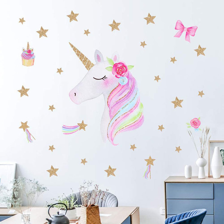 Unicorn Girls Bedroom Decor Removable Glowing stars and heart Wall Stickers for Kids DIY decor