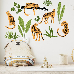 3D Children wall sticker Wild tropical leaf Leopard wallpaper Removable boby room wall decals Custom self adhesive wall sticker