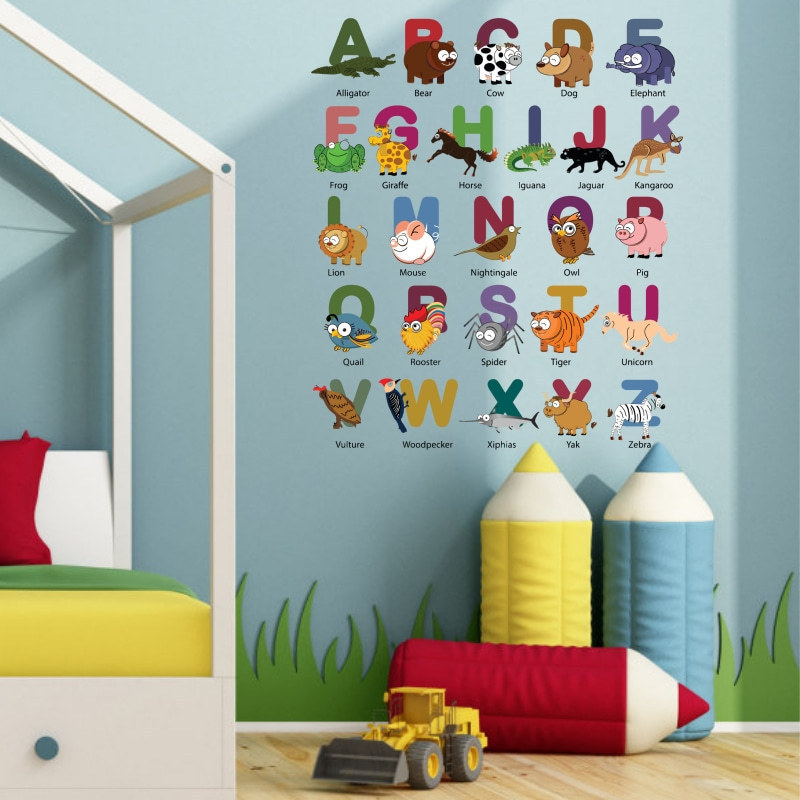 Cartoon Alphabet Numbers Animal wall sticker Kindergarten TV background removable baby room wall wardrobe sticker decoration