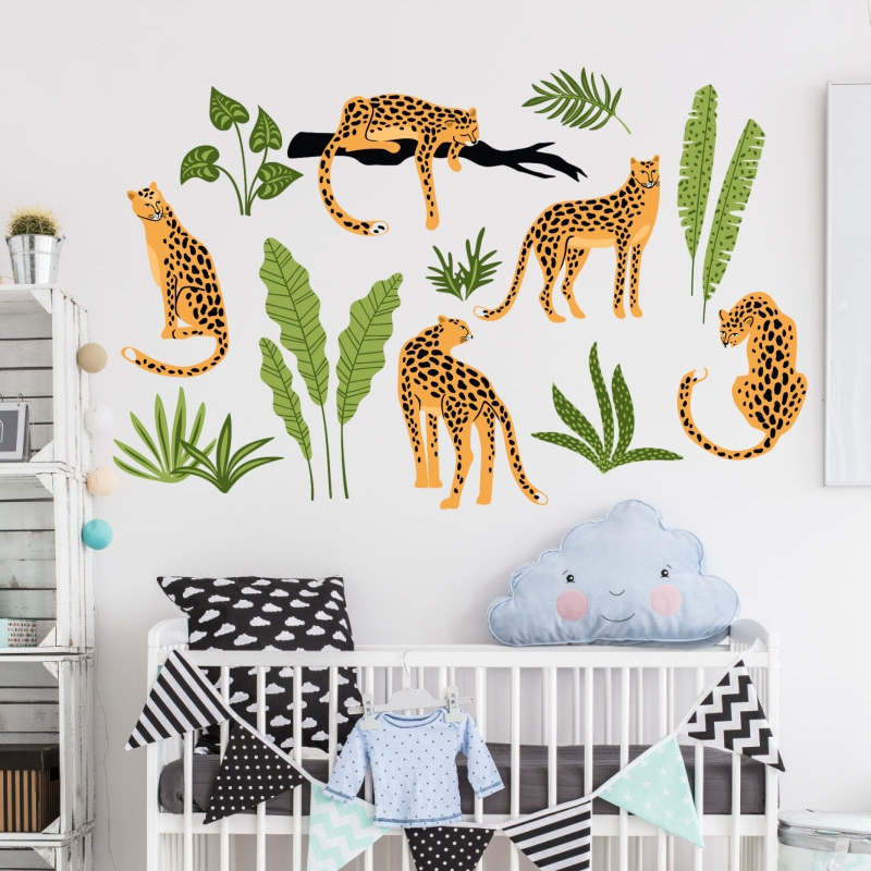 Nursery baby room wall sticker Wild animal leopard Plant self adhesive wallpaper vinyl stickers Wall decoration