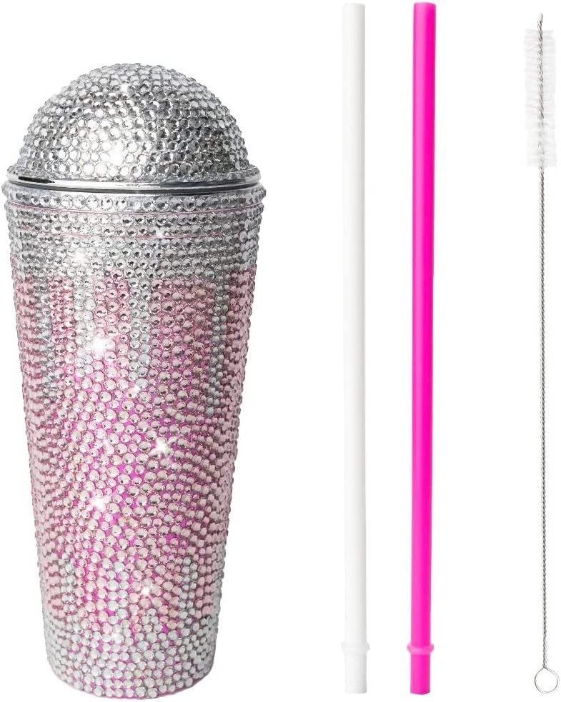 Bling cup pink luxury glitter rhinestone water bottle Dome lid rhinestone tumbler 20 oz double wall bling tumbler lid straw