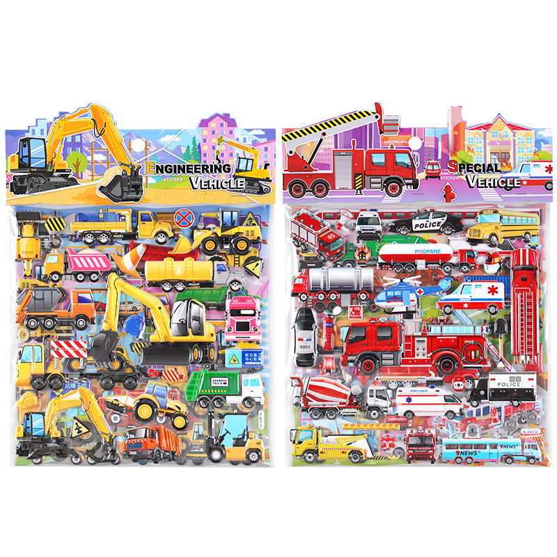 Engineering Vehicle large Double puffy foam Cartoon Sticker 3D Kids decals Auto Car airplane excavator truck stickers