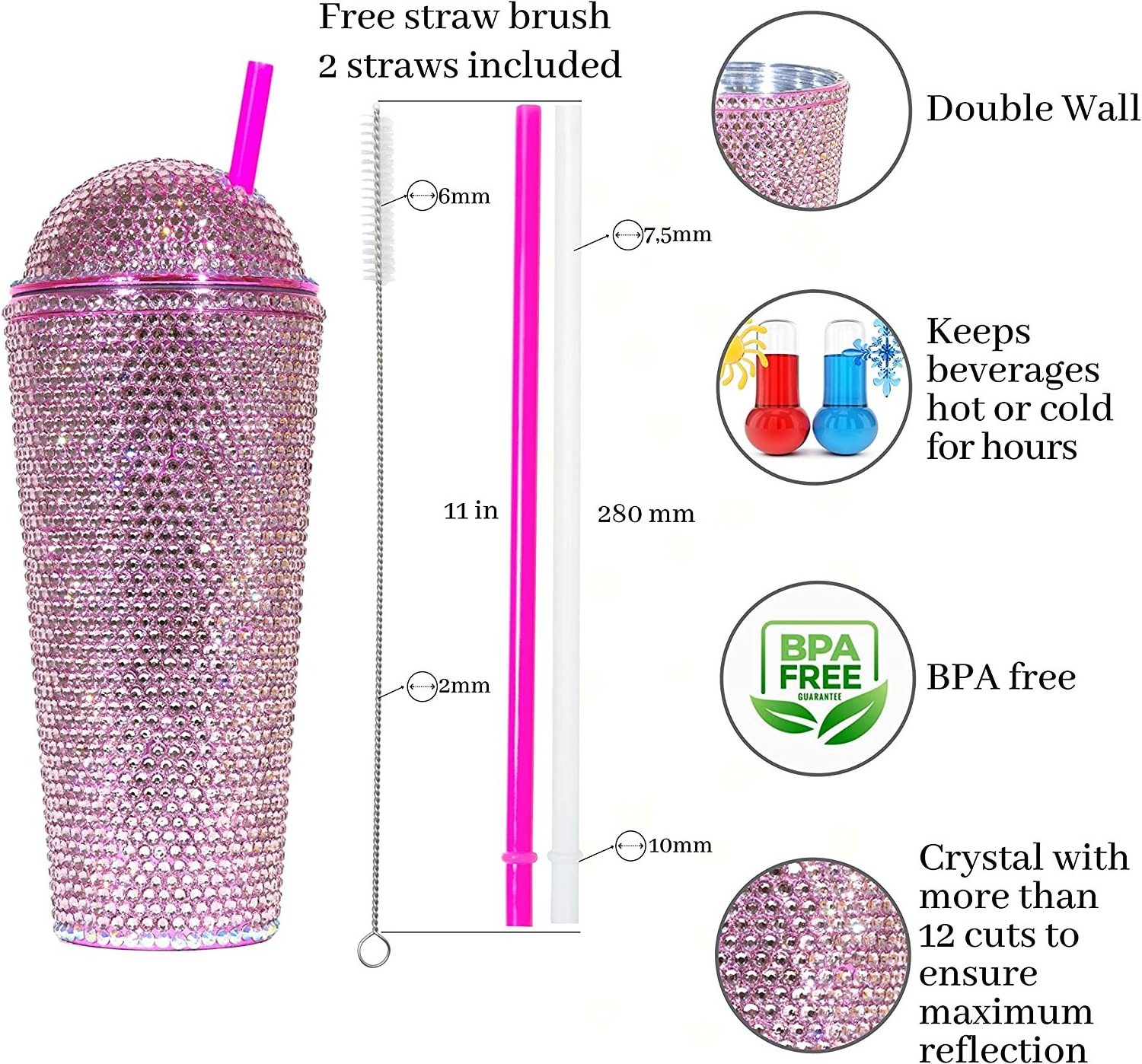 Bling cup pink luxury glitter rhinestone water bottle Dome lid rhinestone tumbler 20 oz double wall bling tumbler lid straw